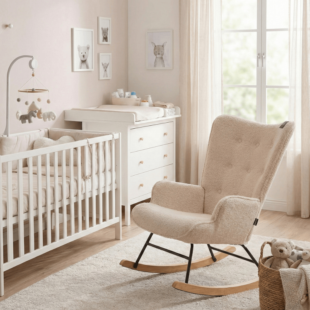 Rocking Chair Mama - Beige Teddy & Natural Wood