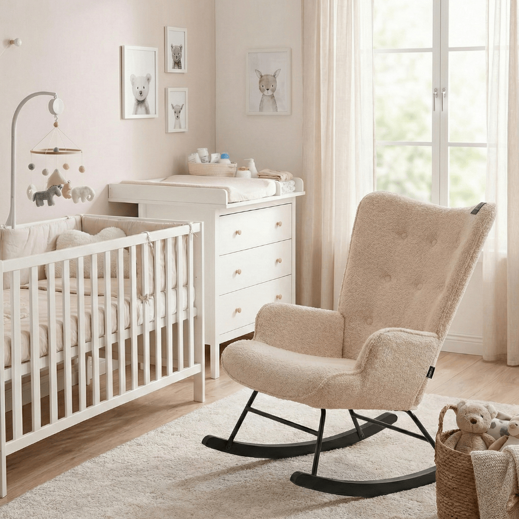 Rocking Chair Mama - Beige Teddy & Black Wood