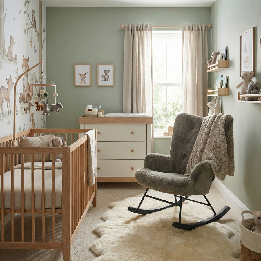 Rocking Chair Mama - Olive Green Faux Fur & Black Wood