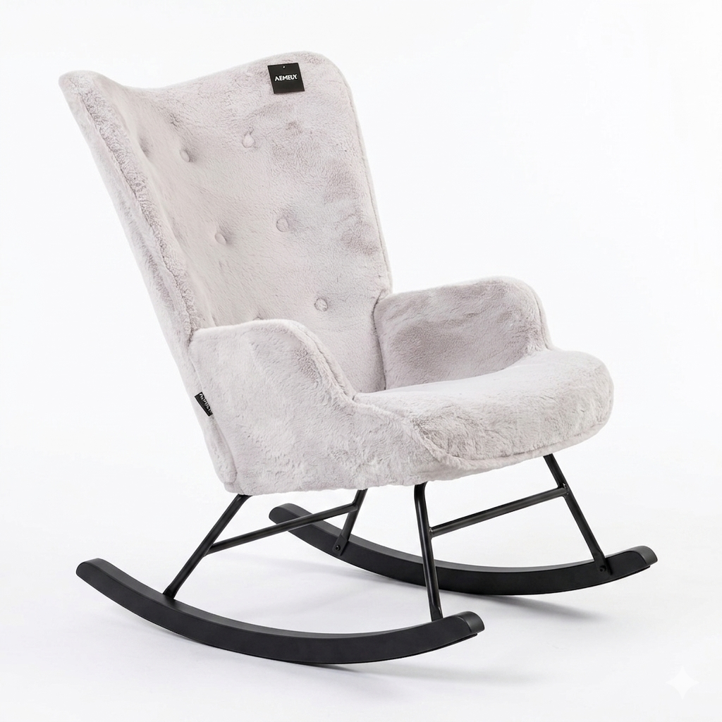 Rocking Chair Mama - Grey Faux Fur & Black Wood