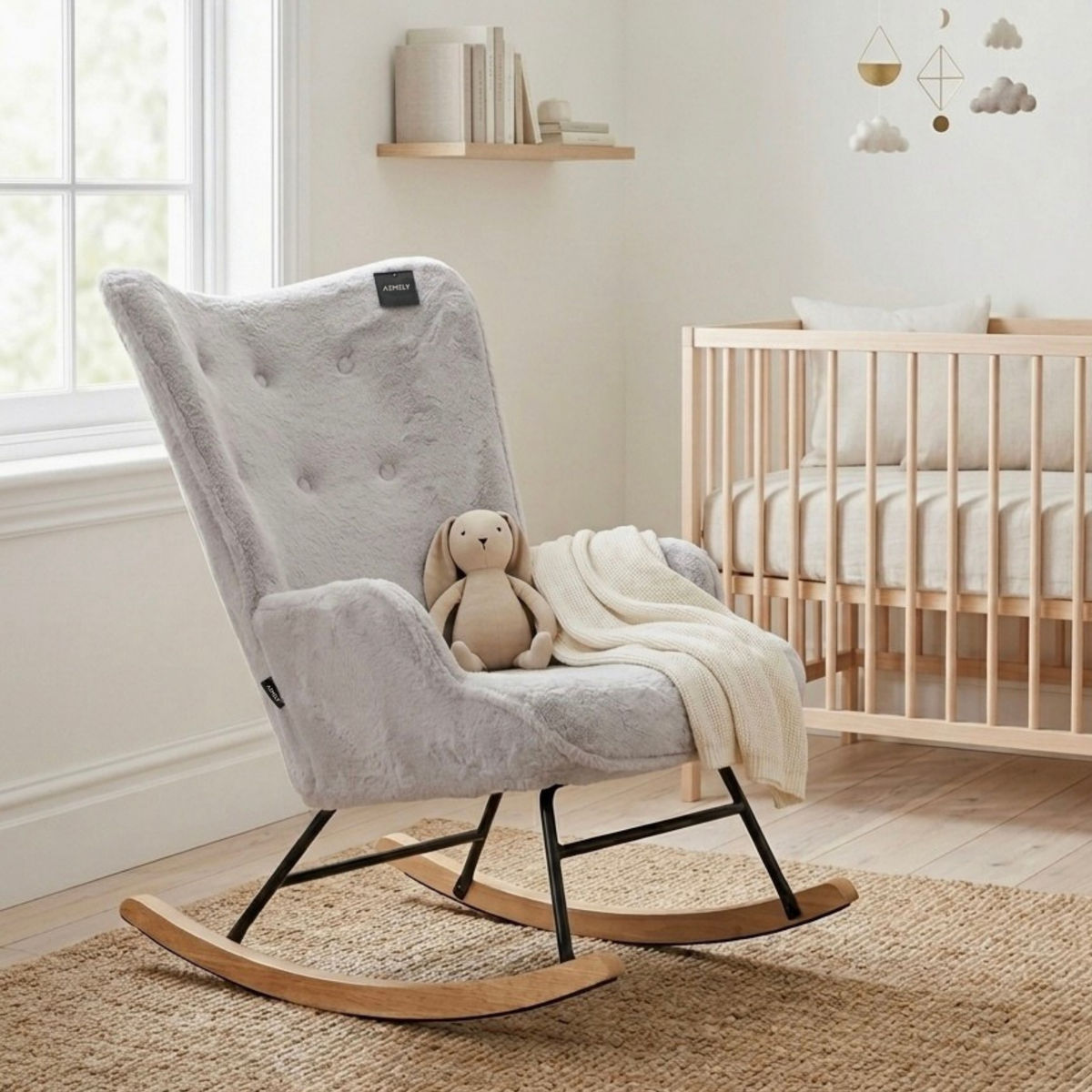 Rocking Chair Mama - Grey Faux Fur & Natural Wood