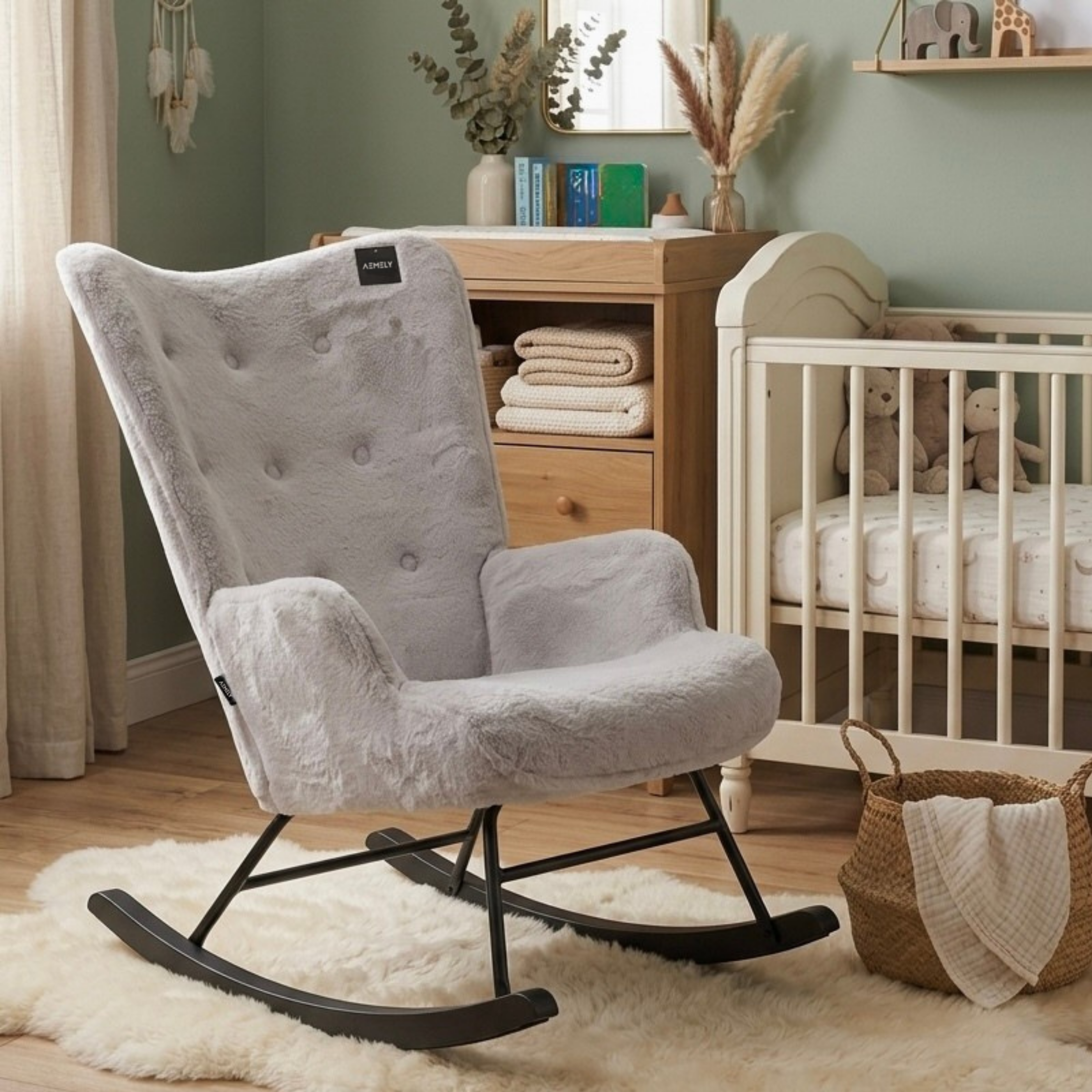 Rocking Chair Mama - Grey Faux Fur & Black Wood