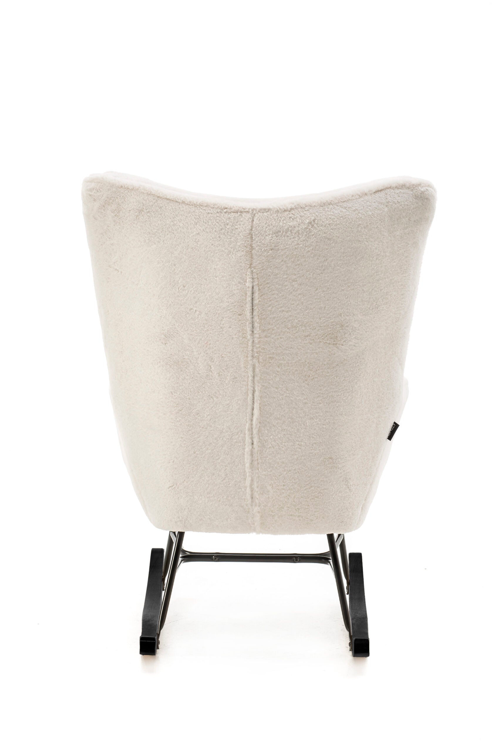 Aemely® Schommelstoel Mama met wit imitatiebont, zwarte beuken poten, en metalen frame, ideaal voor babykamers en woonkamers. Comfortabel en stijlvol design.