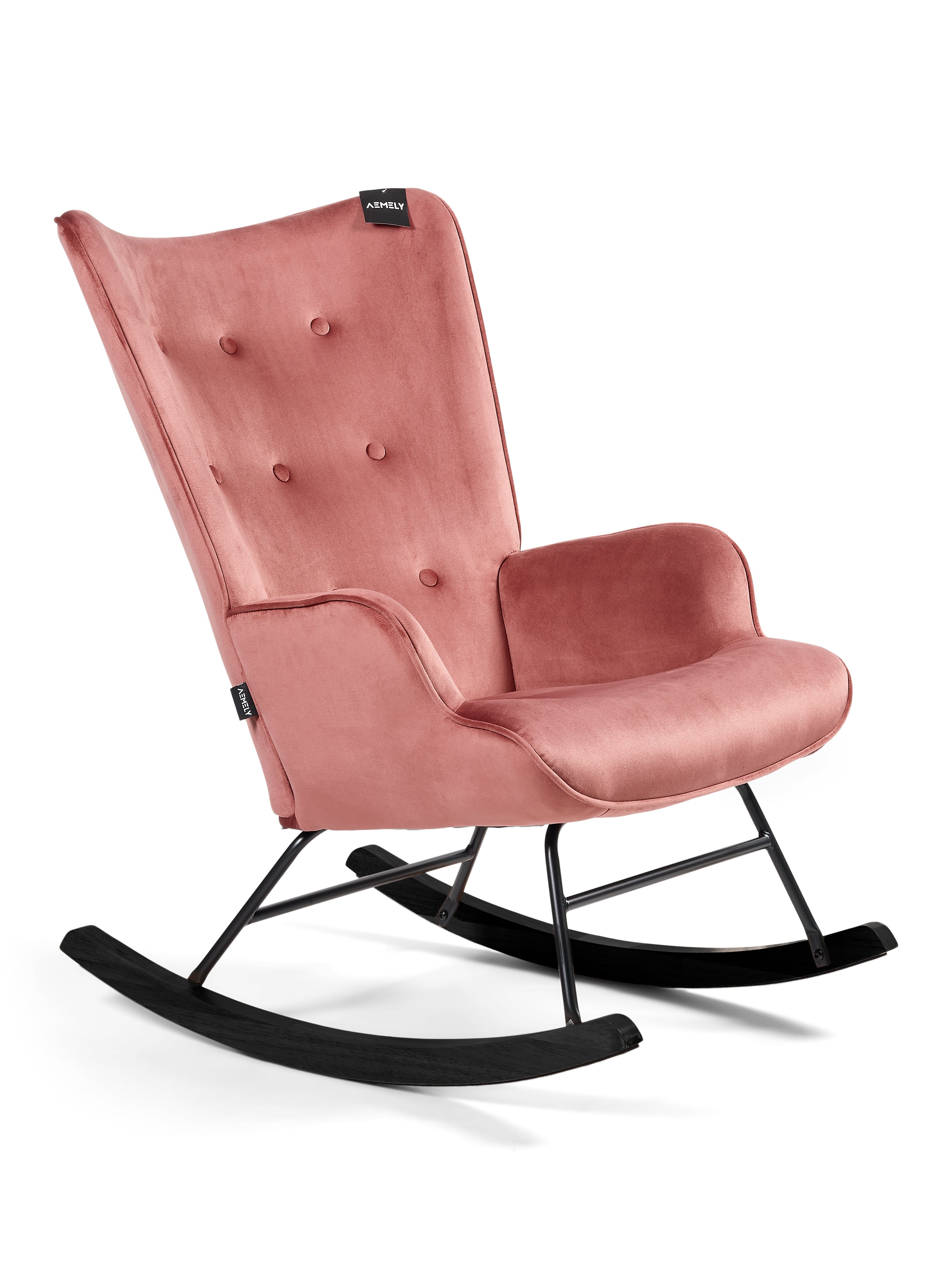 Aemely® Schommelstoel 'Steerne' in roze velvet met zwart houten poten, elegant ontwerp en comfortabele zitting, perfect voor moderne interieurs.