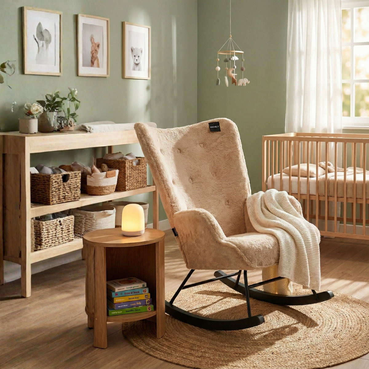 Rocking Chair Mama - Beige Faux Fur & Black Wood