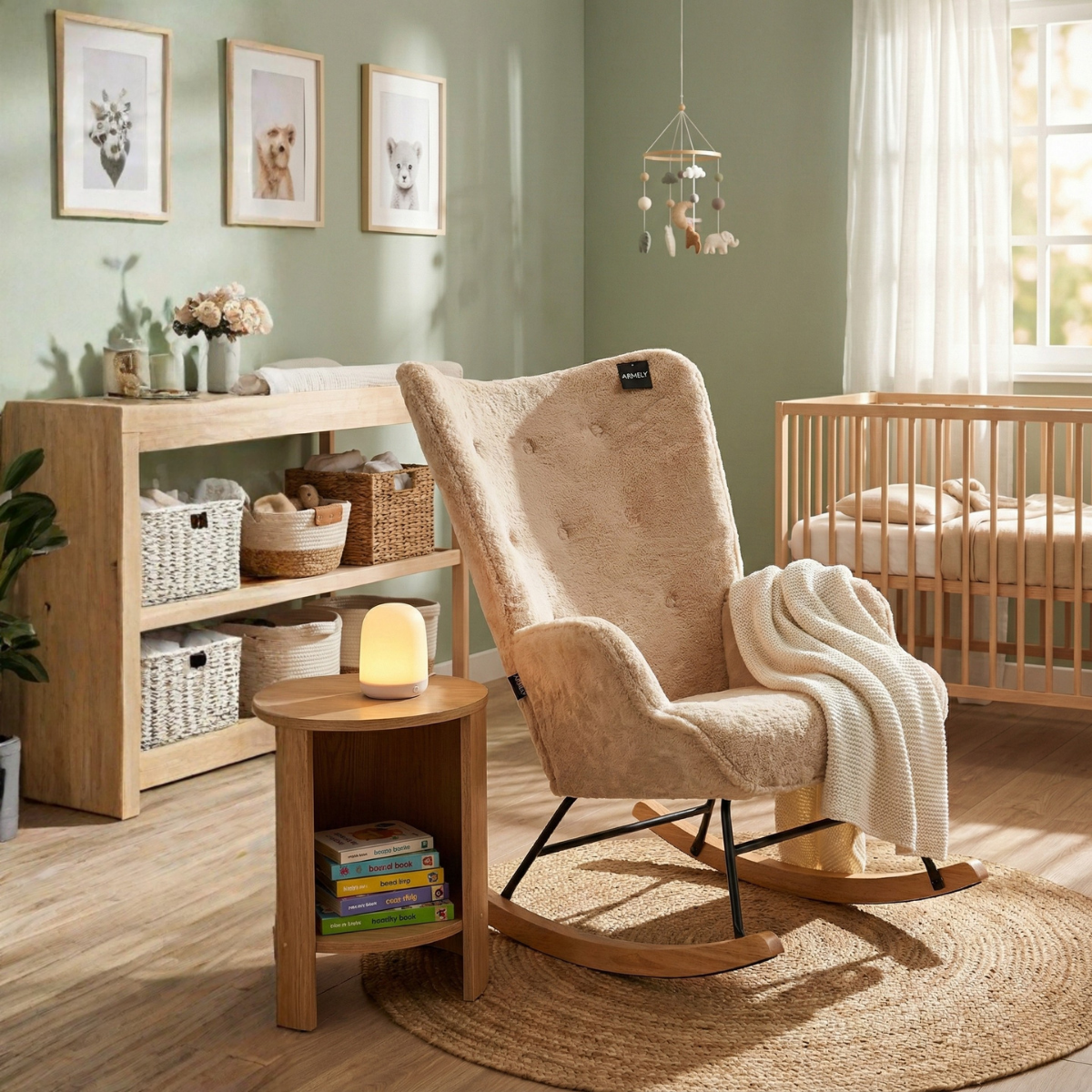 Rocking Chair Mama - Beige Faux Fur & Natural Wood