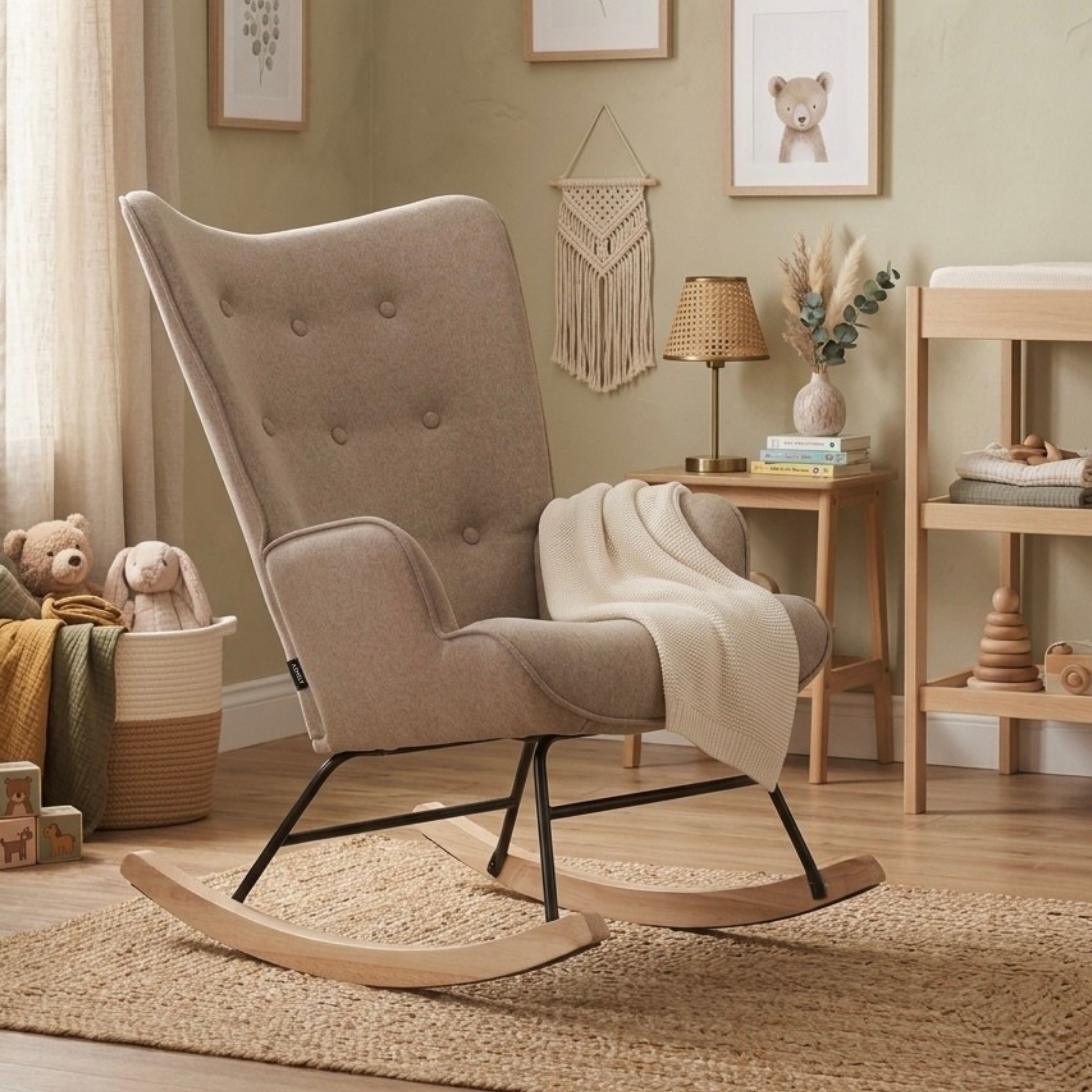 Rocking Chair Mama - Beige Fabric & Natural Wood