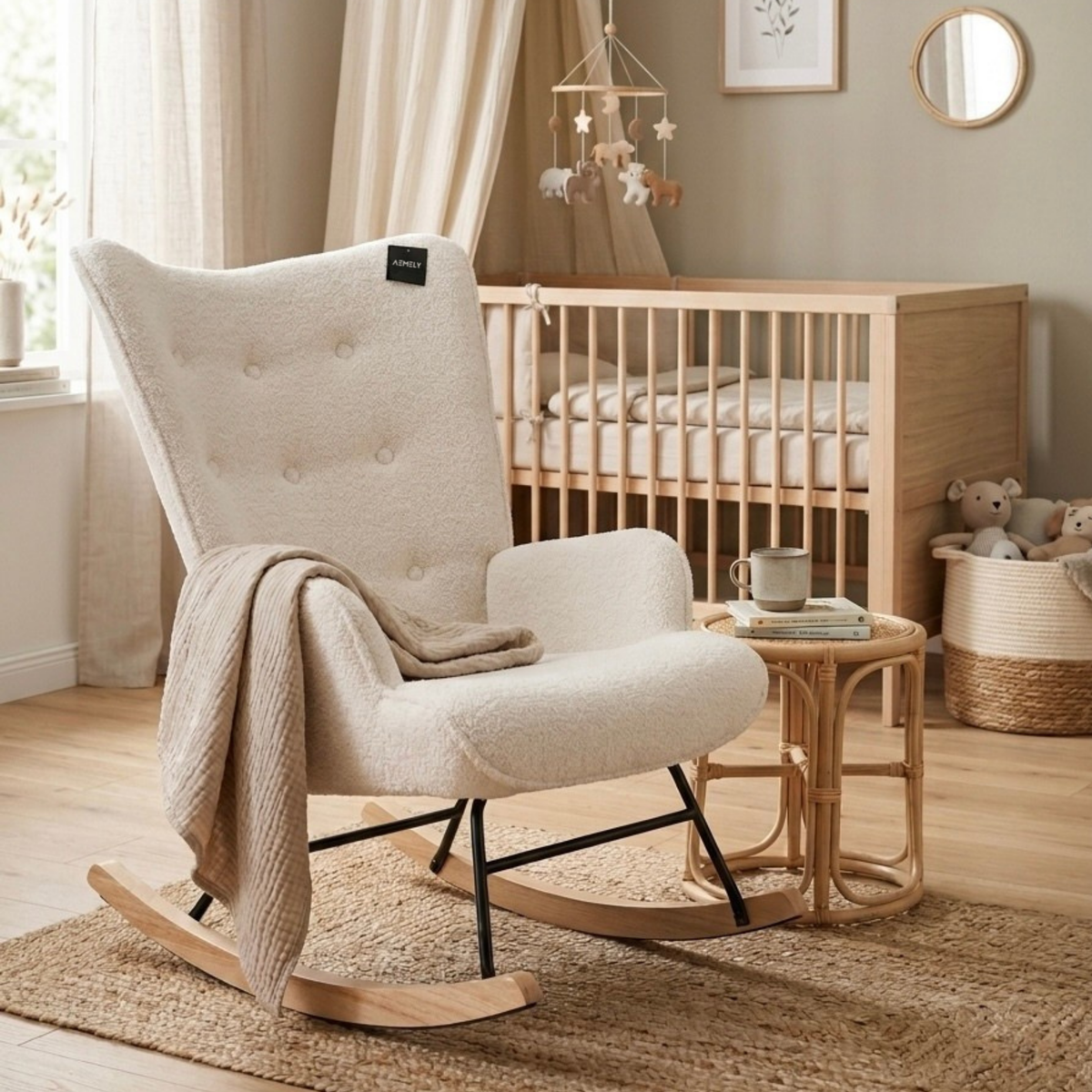 Rocking Chair Mama - White Teddy & Natural Wood