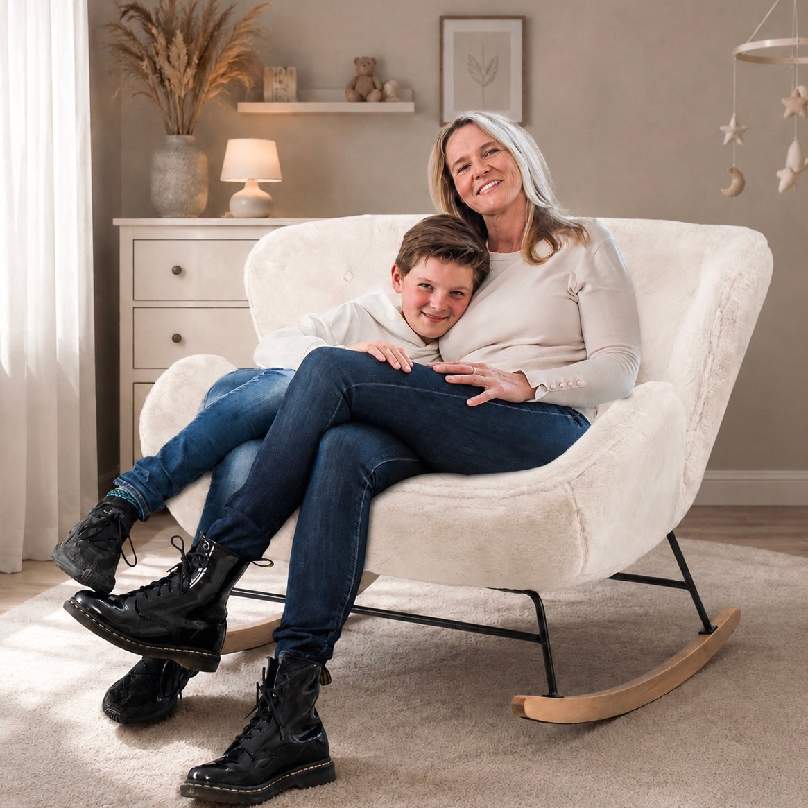 Aemely® Banquette à Bascule 'Duo' - Fausse Fourrure Beige, Patins en Bois Naturel