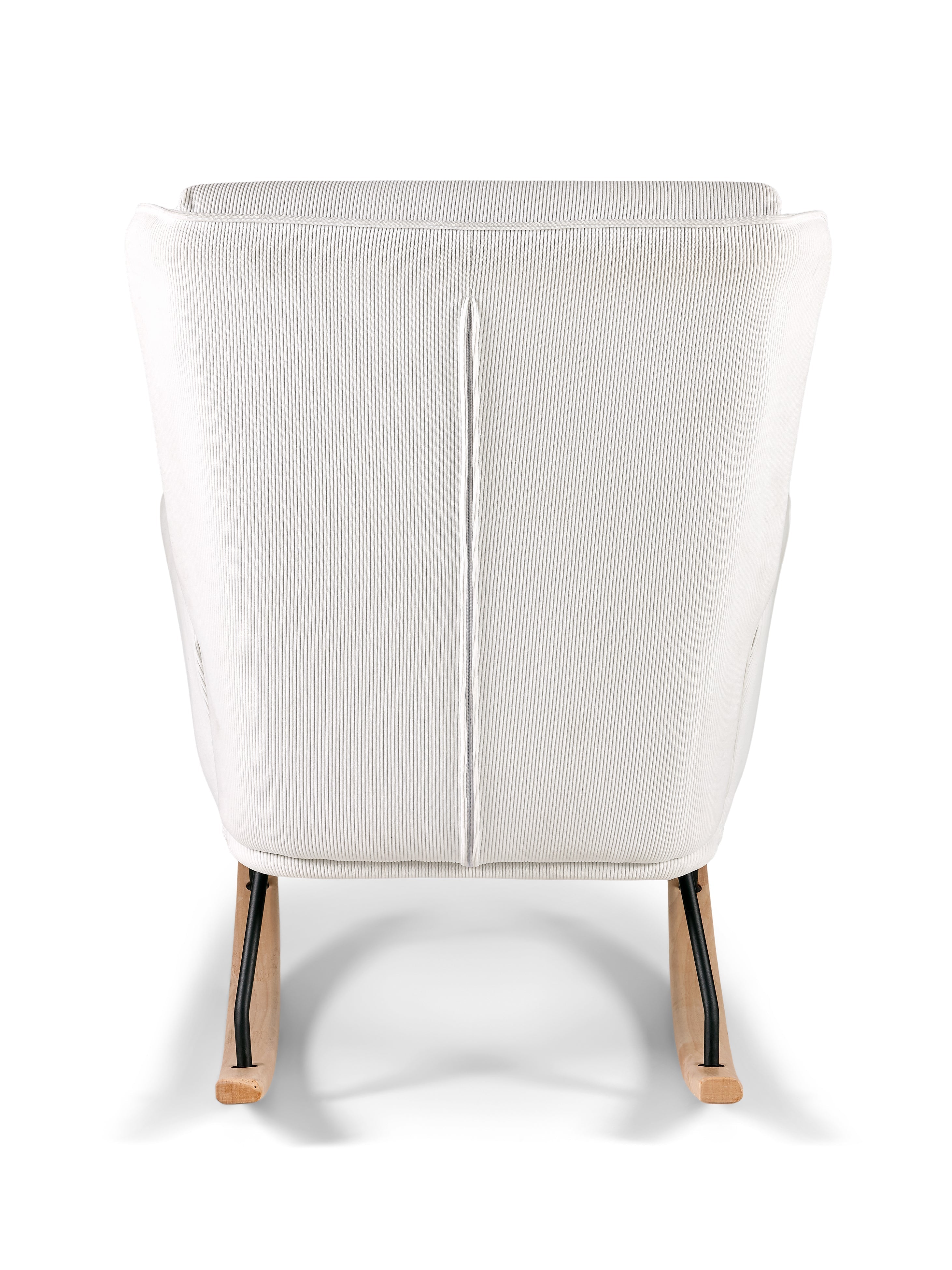 Aemely® Schommelstoel 'Relax' met witte ribstof, zwarte metalen frame en natuurlijke beukenhouten poten, ideaal voor comfort in de baby- of woonkamer.