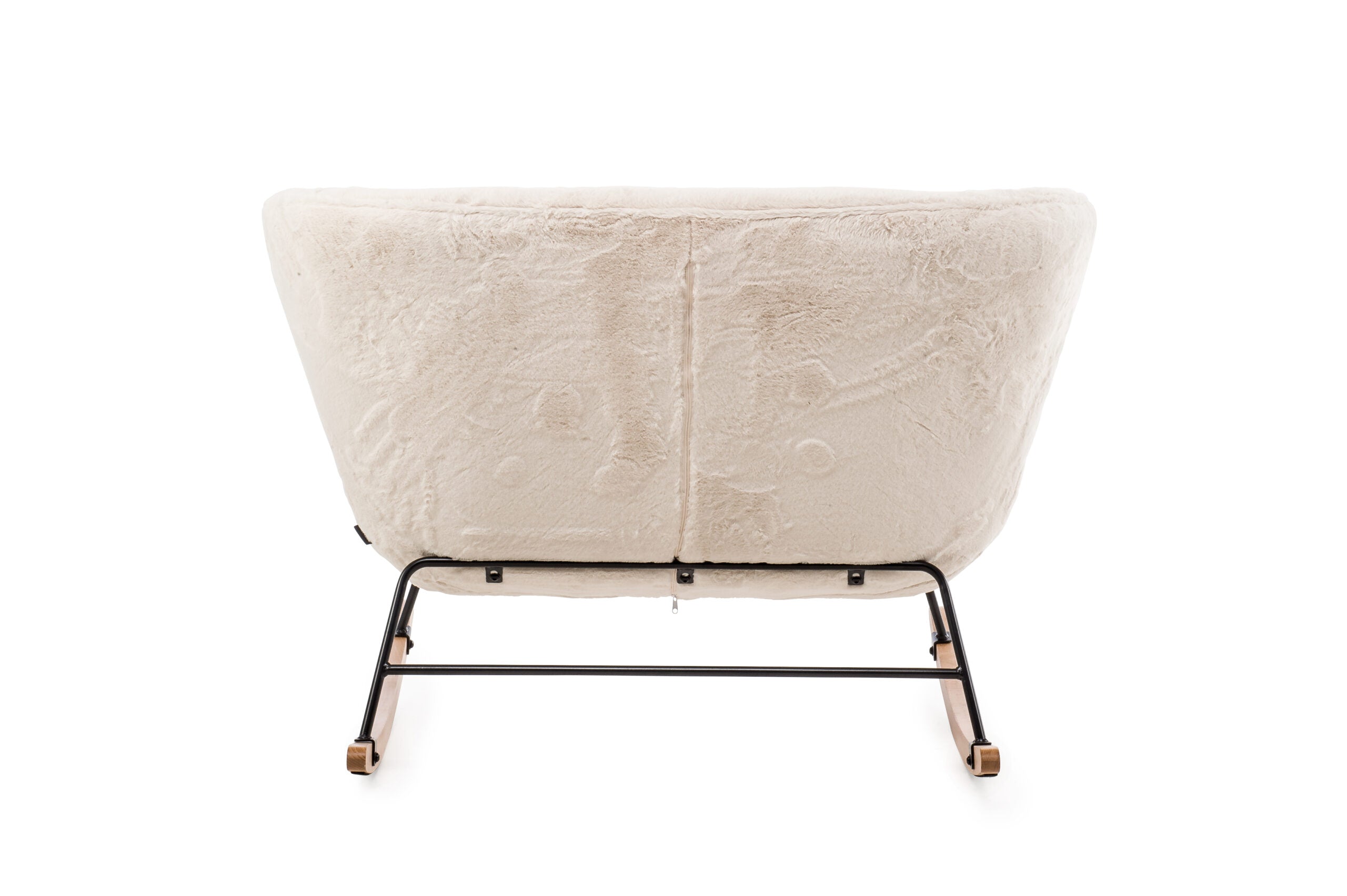 Aemely® Schommelbankje Duo met crème imitatiebont, witte zitting met zwarte metalen frame en natuurlijke beukenhouten poten. Comfortabel en stijlvol meubelstuk.