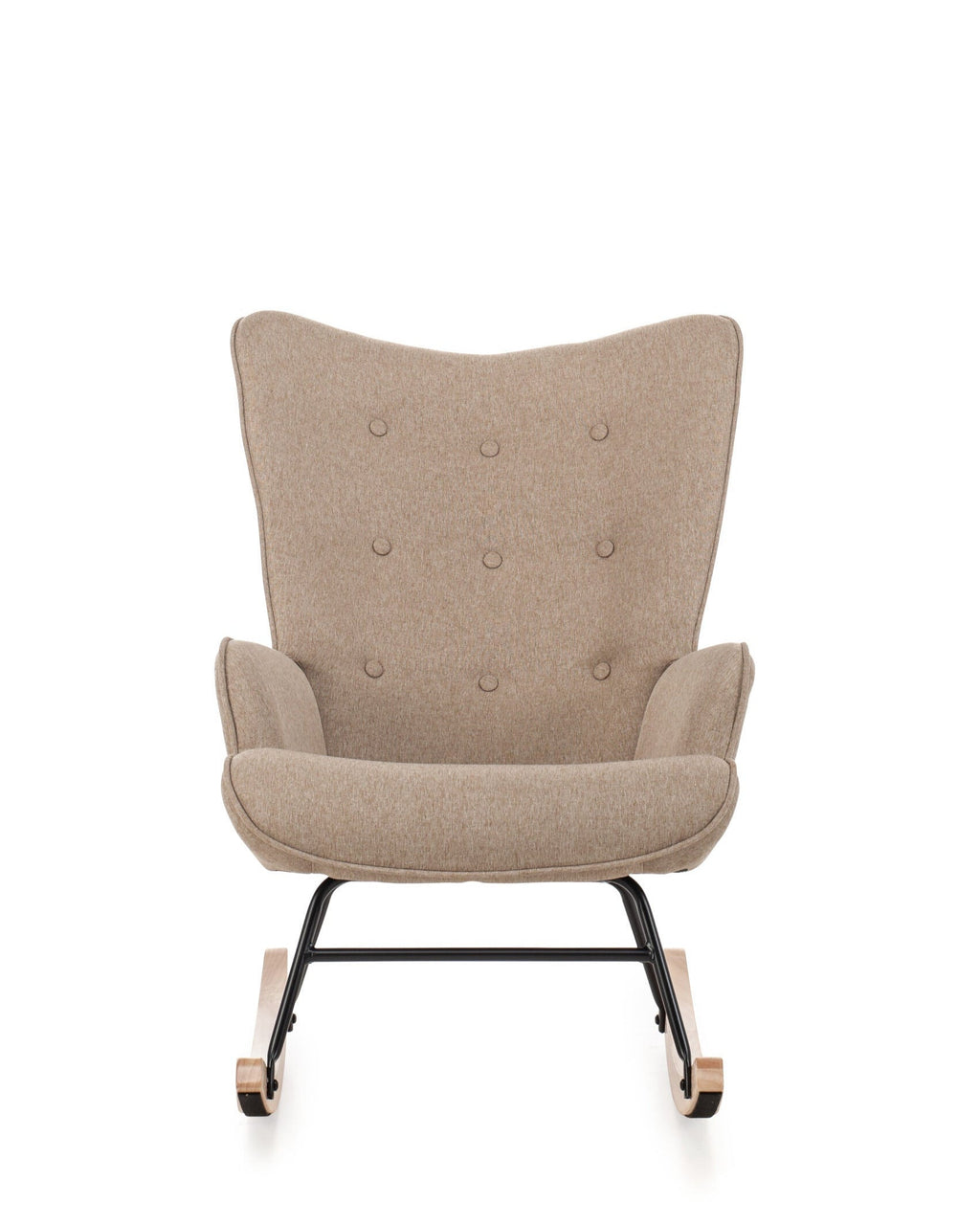 Aemely® Schommelstoel Mama in beige stof met zwarte metalen poten en knopen op de rugleuning, ontworpen voor comfort in de babykamer.
