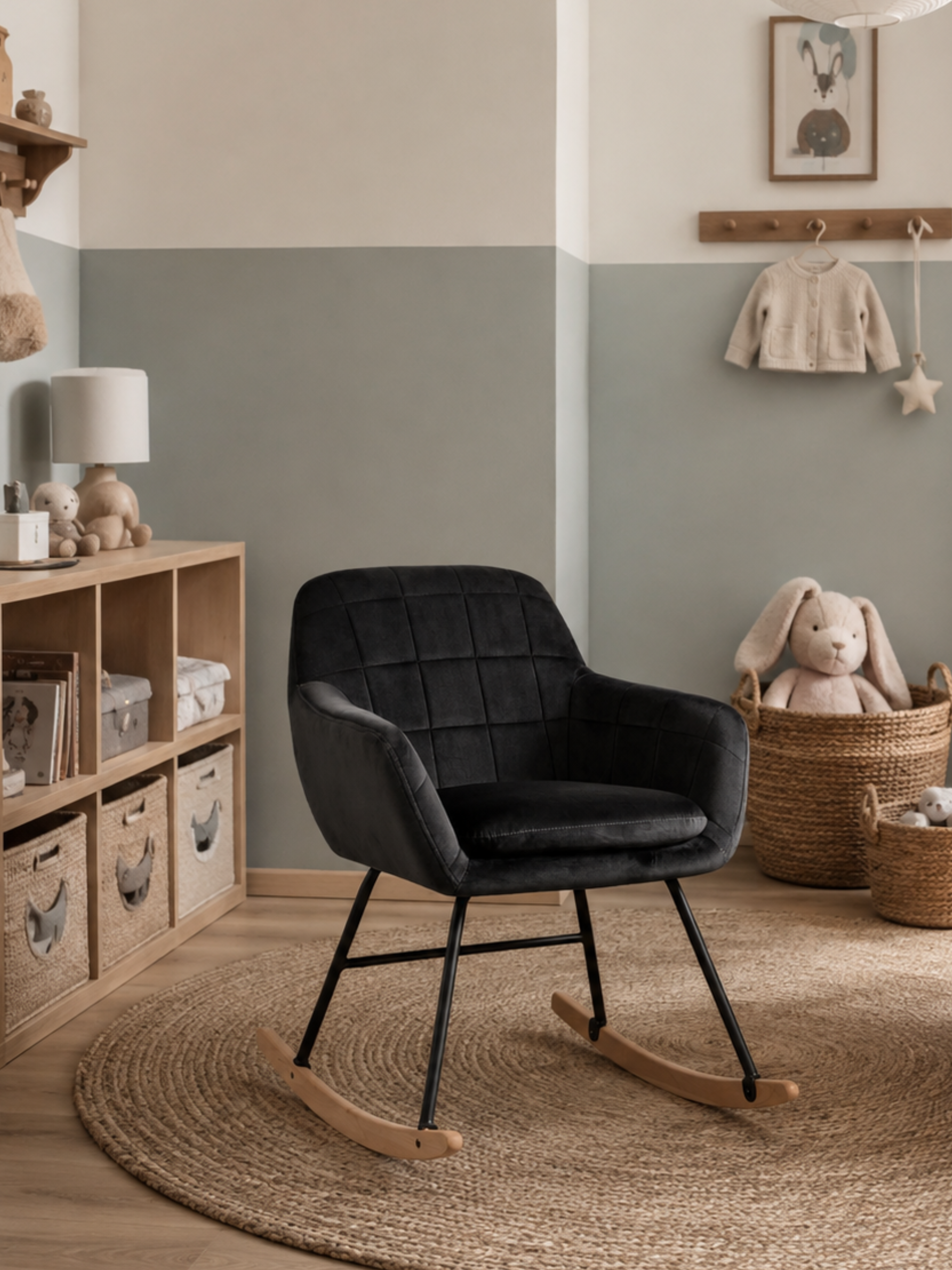 Aemely® Fauteuil à Bascule 'Sofie' - Velours Noir, Patins en Bois Naturel