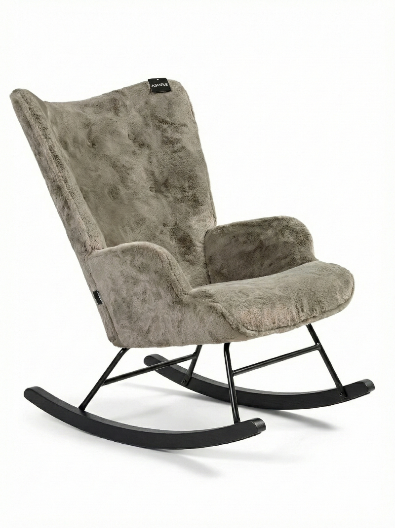 Aemely® Schommelstoel Mama met groene imitatiebont bekleding, zwart metalen frame en houten poten, ideaal voor babykamer of als blikvanger in de woonkamer.