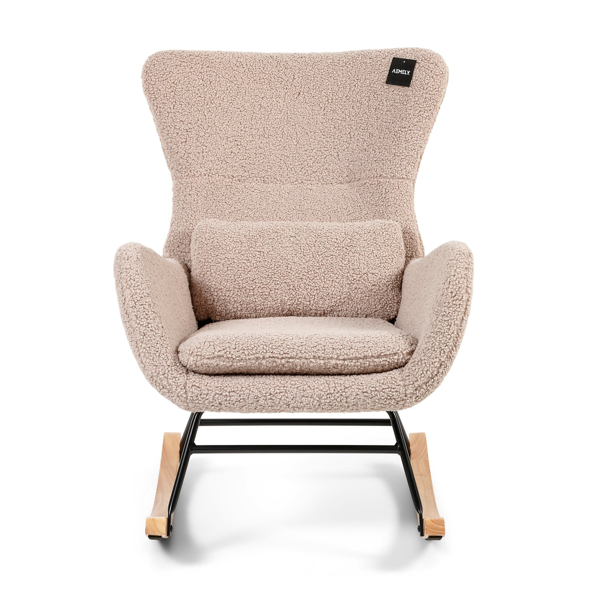 Aemely® Nord Rocking Chair – Beige Taupe Raw Teddy & Natural Wood