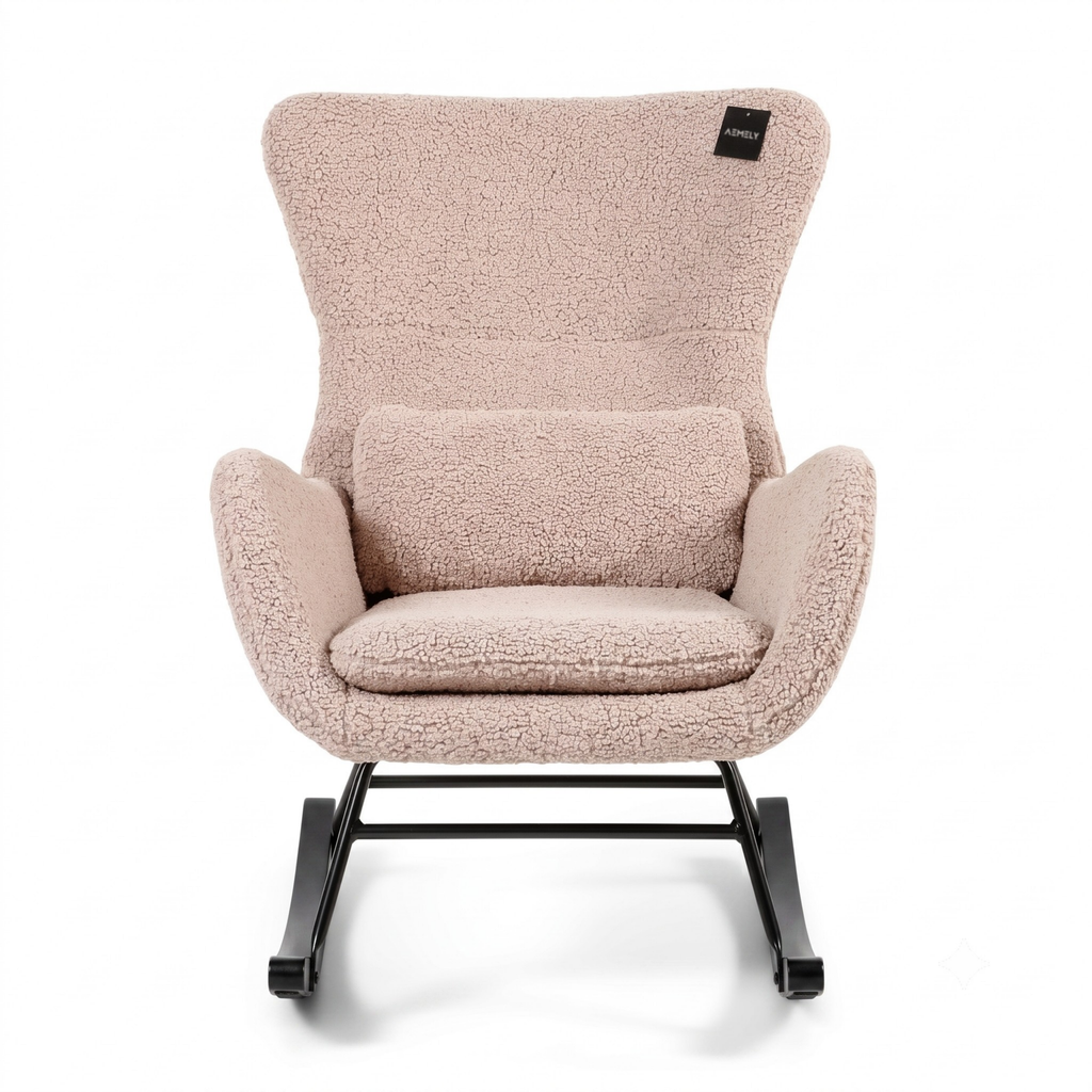 Aemely® Schaukelstuhl Nord - Beige Taupe Raw Teddy & schwarze Kufen
