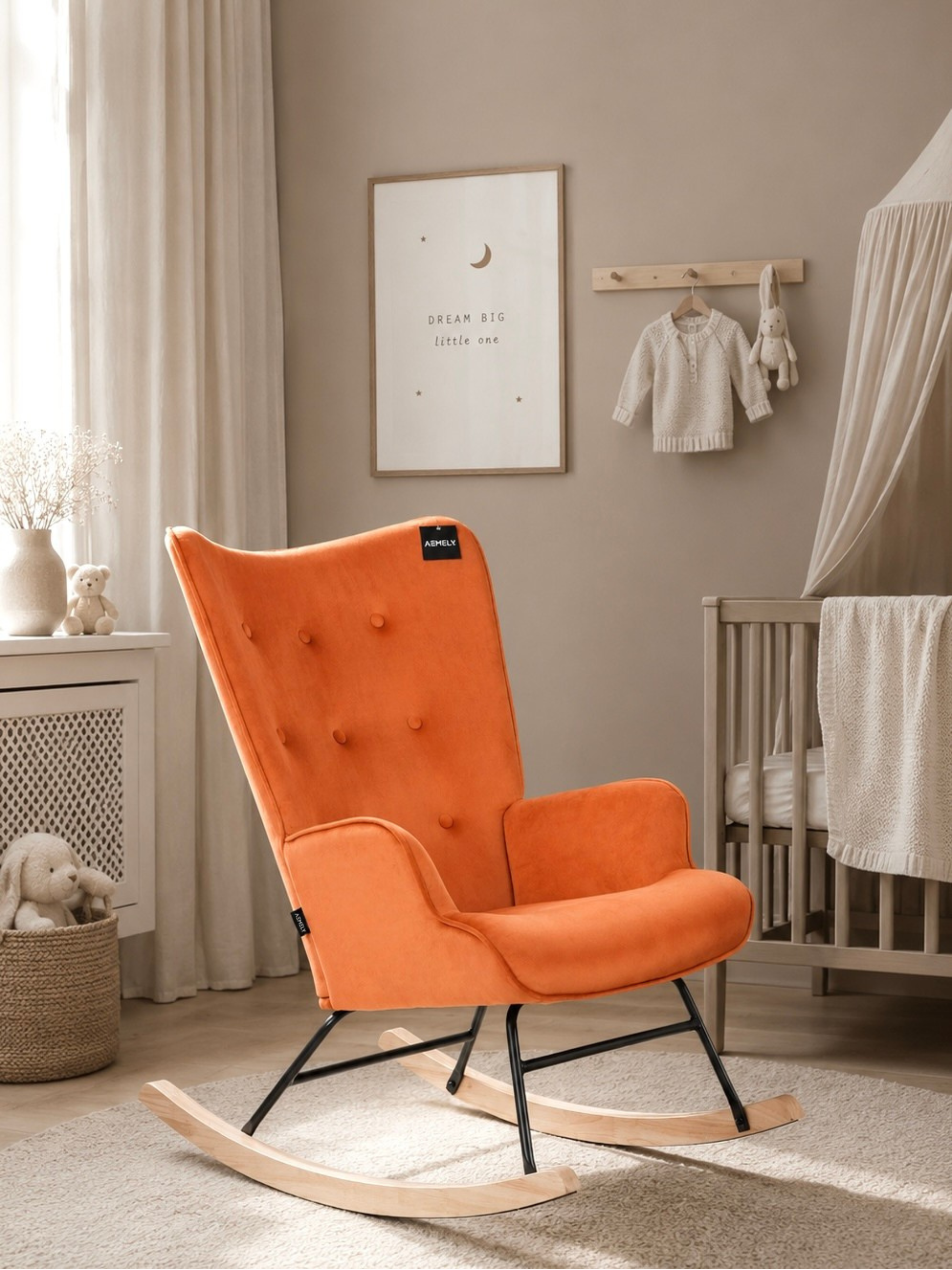 Aemely® Fauteuil à Bascule 'Steerne' - Velours Cuivré, Bois Naturel