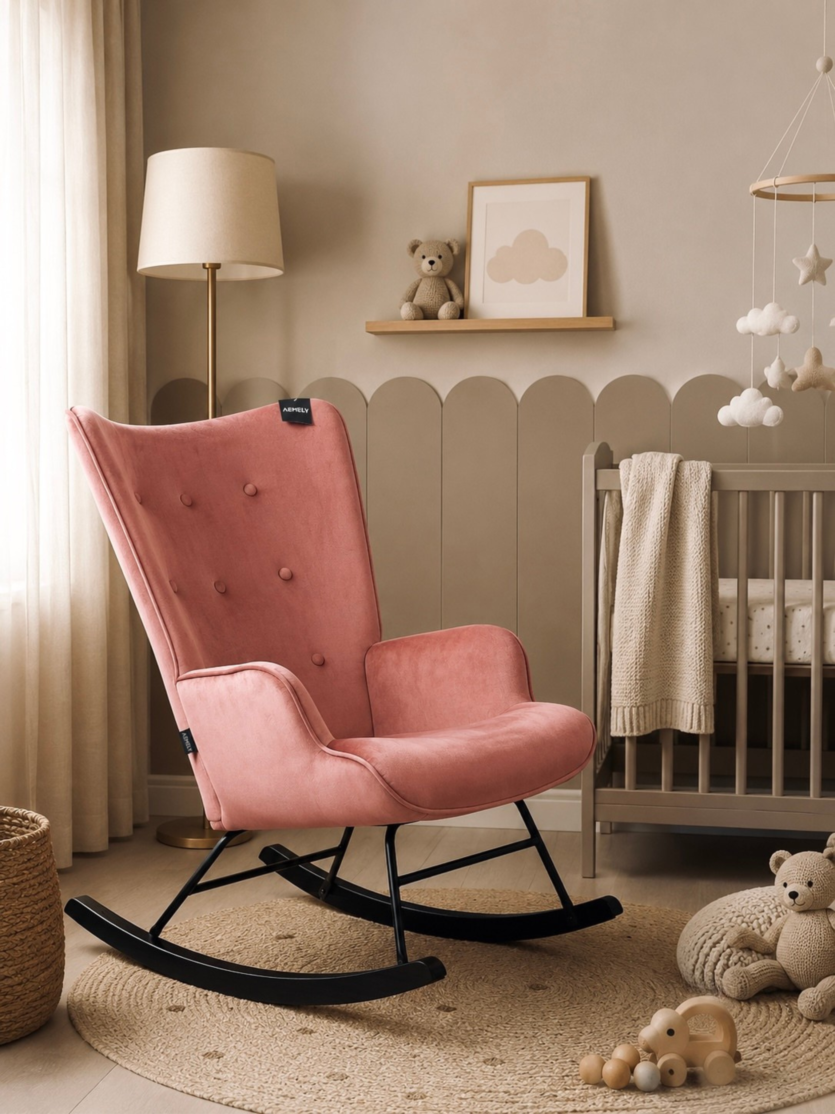 Aemely® Fauteuil à Bascule 'Steerne' - Velours Rose, Patins en Bois Noir